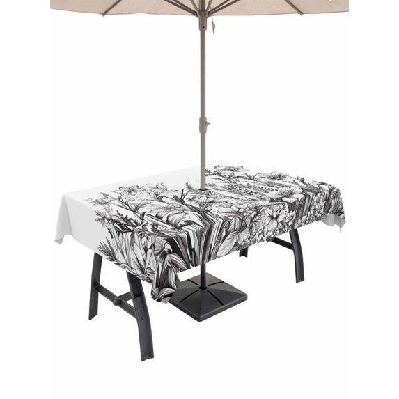 Outdoor Tablecloth with Umbrella Hole and Zipper, Wildflower Leaf Waterproof Patio Tablecloth for Dining 52''x70'', Grey Floral Botanical White Watercolor Wipeable Table Cover for Picnic BBQ Party