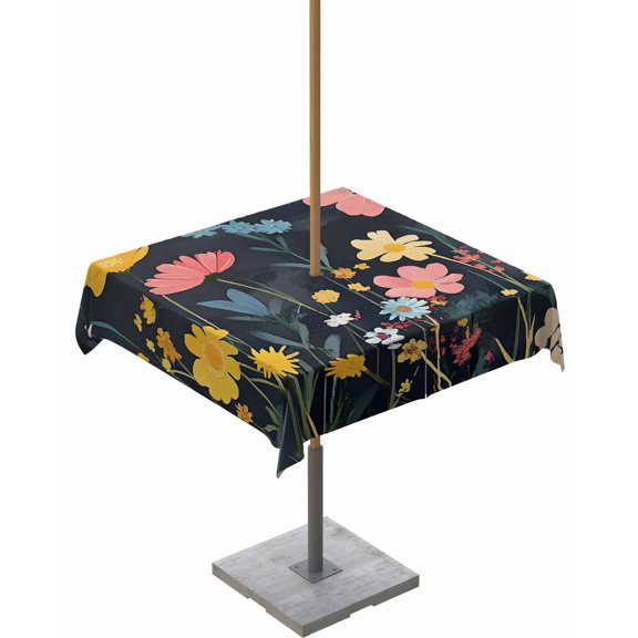 Outdoor Tablecloth with Umbrella Hole & Zipper, Wildflowers Square Tablecloth 54x54 Inch, Spring Botanical Pastoral Summer Flowers Patio Table Cover Waterproof Table Cloth for Picnic/Party