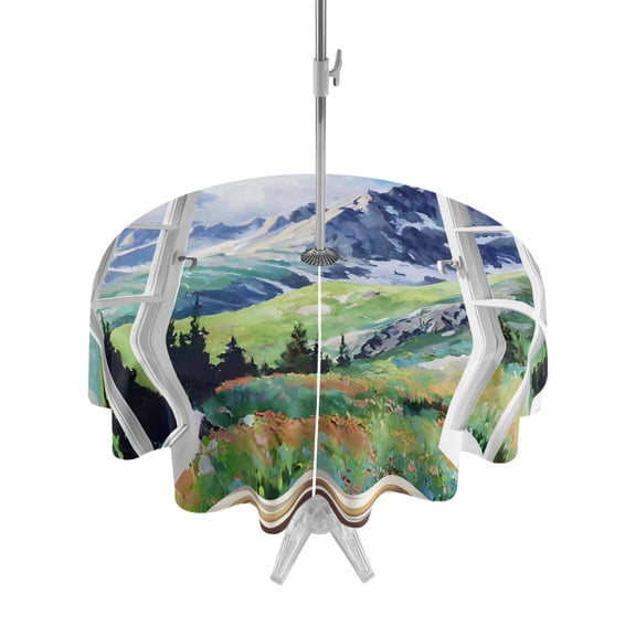 Outdoor Tablecloth with Umbrella Hole Zipper Window Mountain View Round Tablecloth 54" Waterproof Outside Table Cloth Nature Scenic Lush Alpine Valley Patio Table Cover Tablecloths for Picnic Party