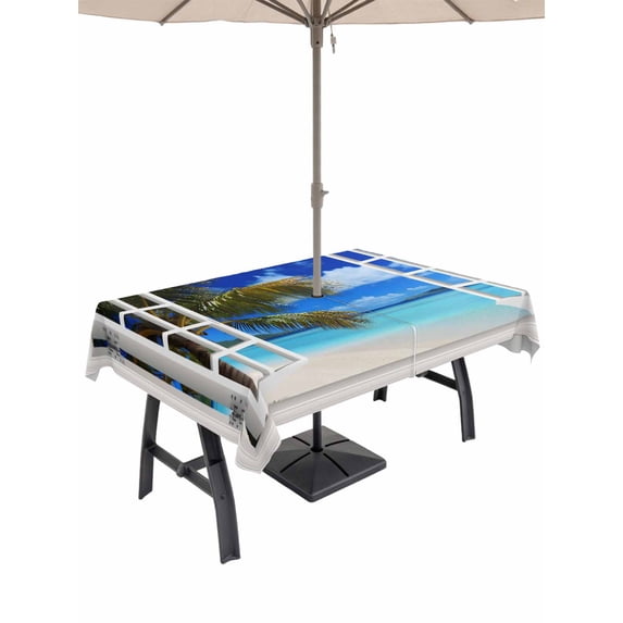 Outdoor Tablecloth with Umbrella Hole and Zipper, Windows Seascape Rectangle Table Cloth 54x80 Inch Waterproof Tablecloth, Summer Beach Coastal Palm Trees Picnic Table Cover for Patio Camping