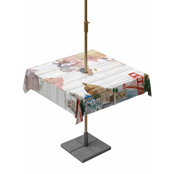 Outdoor Tablecloth with Umbrella Hole and Zipper, World Map Square Table Cloth 54x54 Inch Waterproof Tablecloth, Country Famous Building Tourism Bridge Wooden Picnic Table Cover for Patio Camping