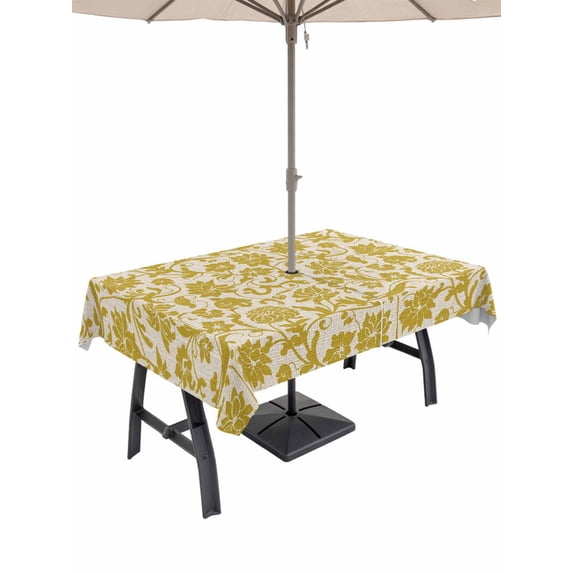 Outdoor Tablecloth with Umbrella Hole and Zipper, Yelllow Floral Rectangle Table Cloth 60x102 Inch Waterproof Tablecloth, Vintage Rustic Plants Flowers Spring Picnic Table Cover for Patio Camping