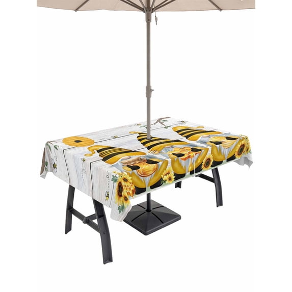 Outdoor Tablecloth with Umbrella Hole and Zipper, Yellow Bees Gnomes Rectangle Table Cloth 52x70 Inch Waterproof Tablecloth, Spring Floral Branches Wooden Picnic Table Cover for Patio Camping