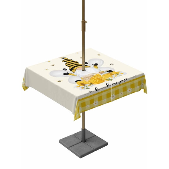 Outdoor Tablecloth with Umbrella Hole and Zipper, Yellow Bees Gnomes Square Table Cloth 54x54 Inch Waterproof Tablecloth, Farmhouse Spring Floral Checkered Picnic Table Cover for Patio Camping