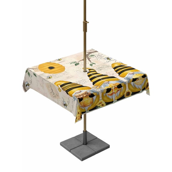 Outdoor Tablecloth with Umbrella Hole and Zipper, Yellow Bees Gnomes Square Table Cloth 60x60 Inch Waterproof Tablecloth, Spring Floral Branches Pastoral Picnic Table Cover for Patio Camping