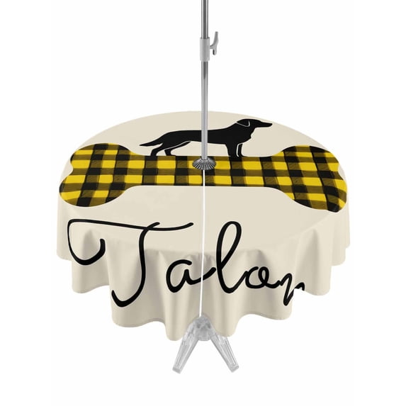 Outdoor Tablecloth with Umbrella Hole and Zipper, Yellow Black Buffalo Checkered Round Table Cloth 54 Inch Waterproof Tablecloth, Bones Cute Dogs Pets Picnic Table Cover for Patio Camping