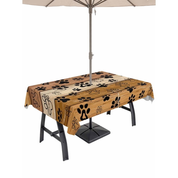 Outdoor Tablecloth with Umbrella Hole and Zipper, Yellow Brown Rectangle Table Cloth 60x120 Inch Waterproof Tablecloth, Farmhouse Dog Paw Vintage Picnic Table Cover for Patio Camping