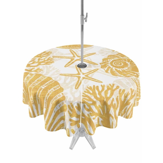 Outdoor Tablecloth with Umbrella Hole & Zipper, Yellow Coastal Starfish Round Tablecloth 60 Inch, Summer Coral Shell Nautical Beach Patio Table Cover Waterproof Table Cloth for Picnic/Party