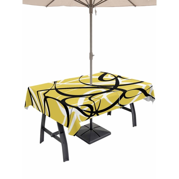 Outdoor Tablecloth with Umbrella Hole and Zipper, Yellow Geometric Rectangle Table Cloth 52x70 Inch Waterproof Tablecloth, Farmhouse Abstract Black White Striped Picnic Table Cover for Patio Camping