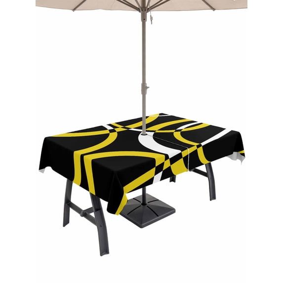 Outdoor Tablecloth with Umbrella Hole and Zipper, Yellow Geometric Rectangle Table Cloth 60x102 Inch Waterproof Tablecloth, Modern Abstract Simple Lines Black Picnic Table Cover for Patio Camping