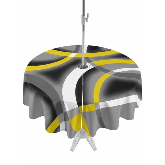 Outdoor Tablecloth with Umbrella Hole and Zipper, Yellow Geometric Round Table Cloth 60 Inch Waterproof Tablecloth, Gray Black Retro Abstract Stripes Lines Picnic Table Cover for Patio Camping