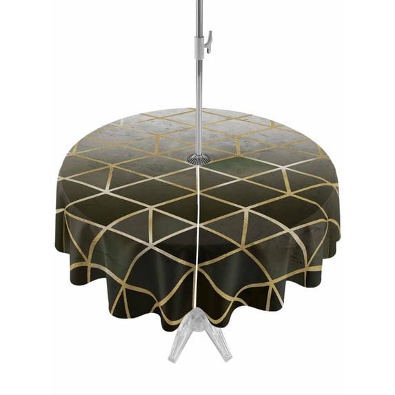 Outdoor Tablecloth with Umbrella Hole and Zipper, Yellow Geometric Round Table Cloth 60 Inch Waterproof Tablecloth, Modern Abstract Gradient Marble Picnic Table Cover for Patio Camping