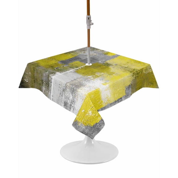 Outdoor Tablecloth with Umbrella Hole and Zipper Yellow Gray Block Square Tablecloths 54x54 Inch Waterproof Table Cloths Modern Abstract Art Patio Table Cover for Outdoor Tables Picnic BBQS Party