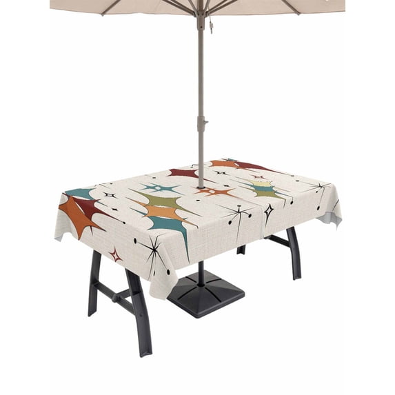 Outdoor Tablecloth with Umbrella Hole and Zipper, Yellow Green Diamond Rectangle Table Cloth 60x102 Inch Waterproof Tablecloth, Modern Geometric Middle Century Beige Picnic Table Cover for Patio