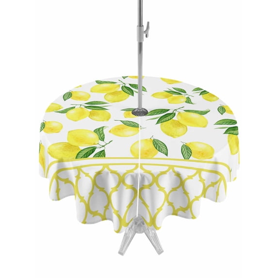 Outdoor Tablecloth with Umbrella Hole and Zipper, Yellow Lemon Round Table Cloth 54 Inch Waterproof Tablecloth, Summer Botanical Watercolor Pastoral Picnic Table Cover for Patio Camping