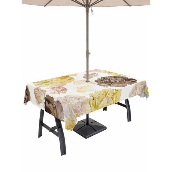 Outdoor Tablecloth with Umbrella Hole and Zipper, Yellow Ombre Spring Floral Rectangle Table Cloth 60x120 Inch Waterproof Tablecloth, Summer Botanical Flowers Picnic Table Cover for Patio Camping