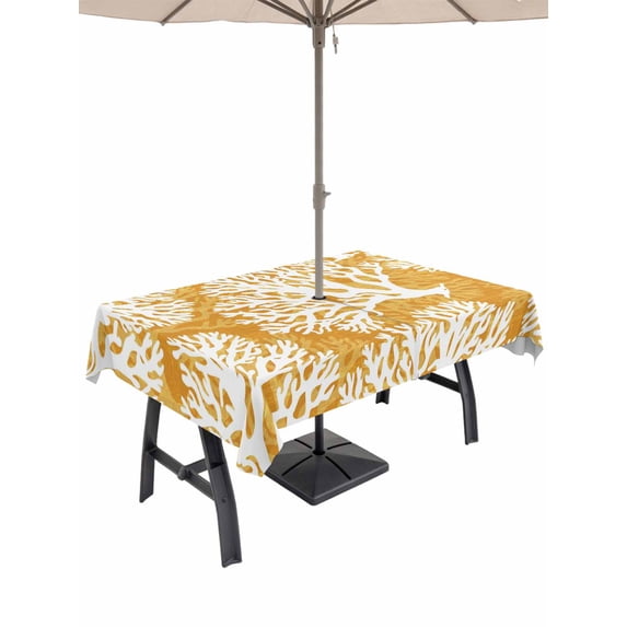 Outdoor Tablecloth with Umbrella Hole & Zipper, Yellow Orange Coastal Coral Rectangle Tablecloth 52x70 Inch, Summer Nautical Sea Beach Ocean Patio Table Cover Waterproof Table Cloth for Picnic/Party