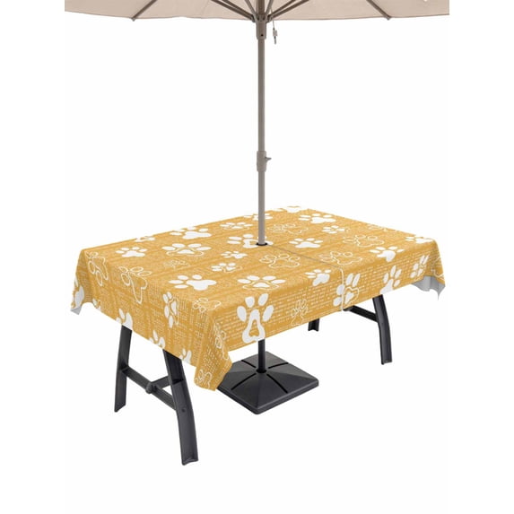 Outdoor Tablecloth with Umbrella Hole & Zipper, Yellow Orange Dog Paw Rectangle Tablecloth 60x84 Inch, Modern Geometric Abstract Aesthetics Patio Table Cover Waterproof Table Cloth for Picnic/Party