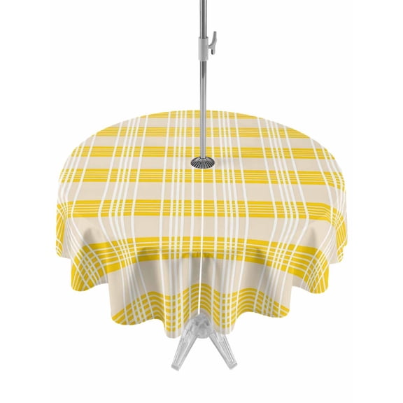 Outdoor Tablecloth with Umbrella Hole Zipper Yellow Plaid Striped Round Tablecloth 60" Waterproof Outside Table Cloth Farmhouse Checkered Modern Abstract Art Patio Table Cover Tablecloths for Picnic
