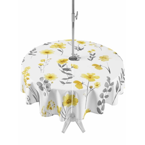 Outdoor Tablecloth with Umbrella Hole and Zipper, Yellow Spring Floral Round Table Cloth 60 Inch Waterproof Tablecloth, Flowers Botanical Elegant Pastoral Picnic Table Cover for Patio Camping