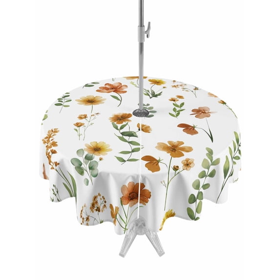Outdoor Tablecloth with Umbrella Hole and Zipper, Yellow Spring Floral Round Table Cloth 60 Inch Waterproof Tablecloth, Flowers Leaves Elegant Pastoral Picnic Table Cover for Patio Camping