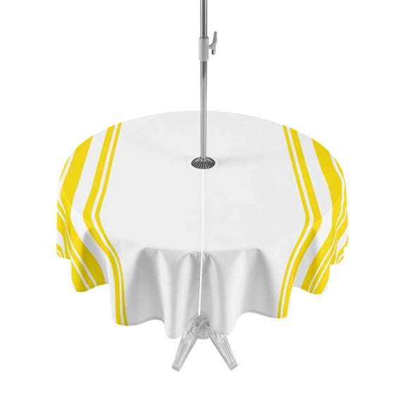 Outdoor Tablecloth with Umbrella Hole & Zipper, Yellow Striped Round Tablecloth 60 Inch, Stripes Farmhouse Modern Patio Table Cover Waterproof Table Cloth for Picnic/Party