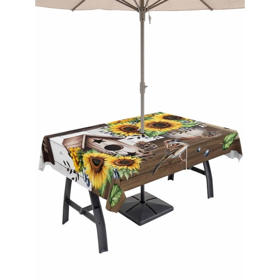 Outdoor Tablecloth with Umbrella Hole and Zipper, Yellow Sunflowers Rectangle Table Cloth 52x70 Inch Waterproof Tablecloth, Western Star Farmhouse White Wooden Picnic Table Cover for Patio Camping