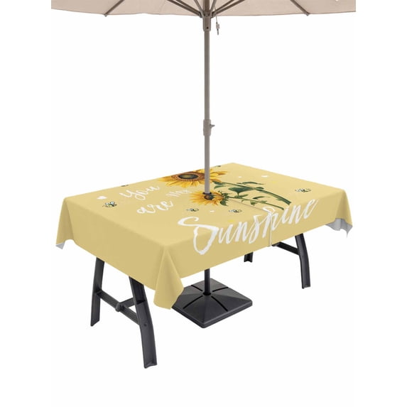 Outdoor Tablecloth with Umbrella Hole and Zipper, Yellow Sunshine Sunflower Rectangle Table Cloth 54x80 Inch Waterproof Tablecloth, Pastoral Bees Farmhouse Floral Picnic Table Cover for Patio Camping