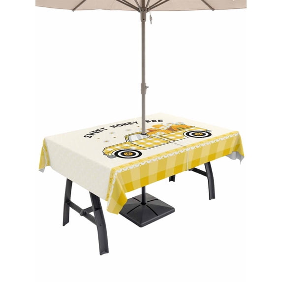 Outdoor Tablecloth with Umbrella Hole and Zipper, Yellow Truck Rectangle Table Cloth 60x120 Inch Waterproof Tablecloth, Spring Bees Daisy Car Star Buffalo Plaid Lines Picnic Table Cover for Patio