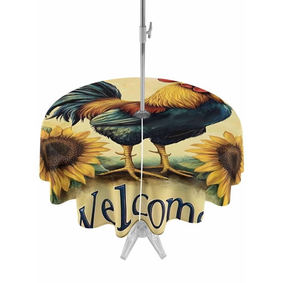 Outdoor Tablecloth with Umbrella Hole Zipper Yellow Vintage Rooster Round Tablecloth 54" Waterproof Outside Table Cloth Farmhouse Animals Sunflower Patio Table Cover Tablecloths for Picnic Party