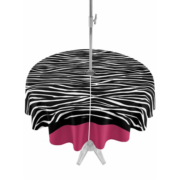 Outdoor Tablecloth with Umbrella Hole and Zipper, Zebra Printed Waterproof Patio Tablecloth for Dining Round 54'', Modern Geometric Balck White Stripes Wipeable Table Cover for Picnic BBQ Party Patio