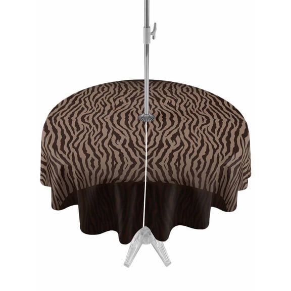 Outdoor Tablecloth with Umbrella Hole Zipper Zebras Print Round Tablecloth 54" Waterproof Outside Table Cloth Abstract Animal Skin Texture Brown Patio Table Cover Tablecloths for Picnic Party