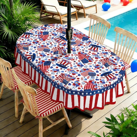 Outdoor Tablecloth with Umbrella Hole and Zipper, 4th of July Waterproof Patio Table Covers, Oval 60" x 84" Patriotic Independence Memorial Day Decor