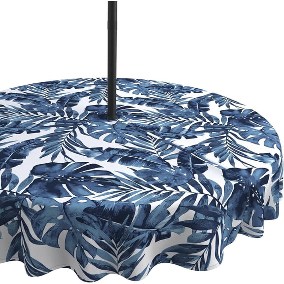 Outdoor Tablecloth with Umbrella Hole and Zipper, 60 Inch Water-Repellent Patio Table Cloth, Round Table Covers for Backyard Garden, Palm Blue