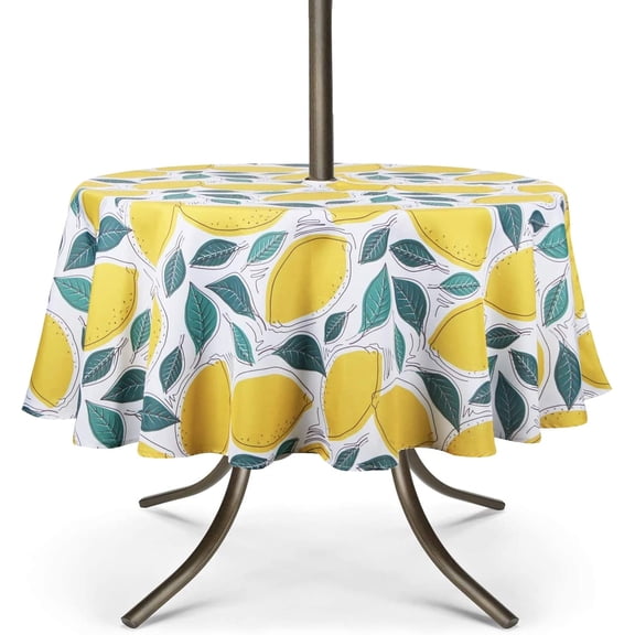 Outdoor Tablecloth with Umbrella Hole and Zipper, Spring/Summer Waterproof Table Cover for Picnic/BBQ/Garden(60" Round,Lemon)