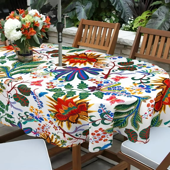 Outdoor Tablecloth with Umbrella Hole for Oval Table, Waterproof Flowers Patio Table Cloth with Zipper - 52 x 70 inches