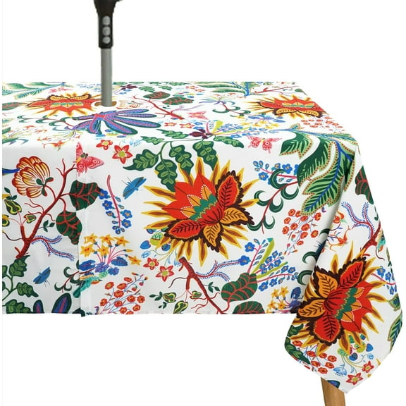 Outdoor Tablecloth with Umbrella Hole for Rectangle Table, Waterproof Flowers Patio Table Cloth with Zipper - 60 x 84 inches