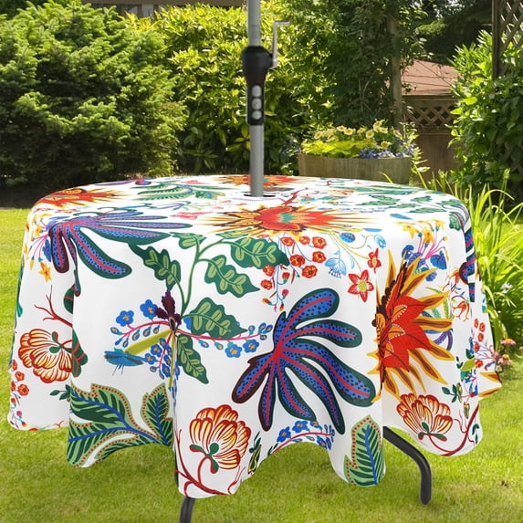 Outdoor Tablecloth with Umbrella Hole for Round Table 60x60inch Flowers Patio Table Cloth with Zipper