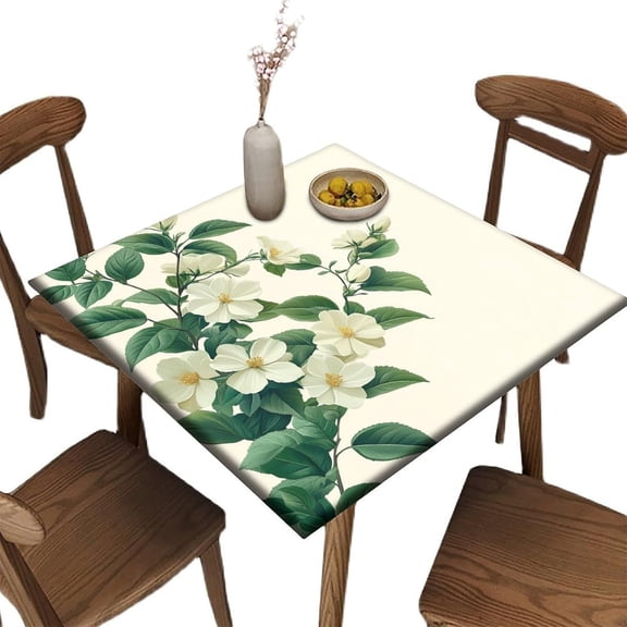 Outdoor Tablecloths with Elastic, Green and White Floral Border Pattern Printed on Polyester Patio Table Cover Square, Use for Outdoor Party Garden Wedding, Fit for 32" x 32" Square Tables