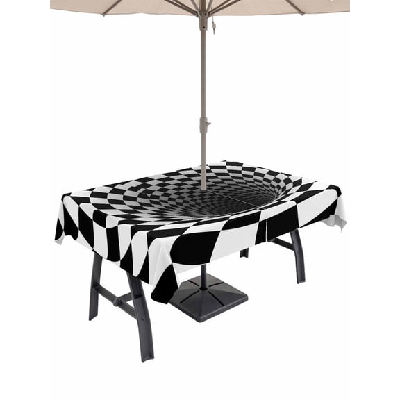 Outdoor Tablecloths with Umbrella Hole & Zipper, 3D Optical Illusion Tablecloth Rectangle 60x84 Inch, Black White Checkered Gingham Plaid Vortex Waterproof Table Cloth, Patio/Pool Table Covers