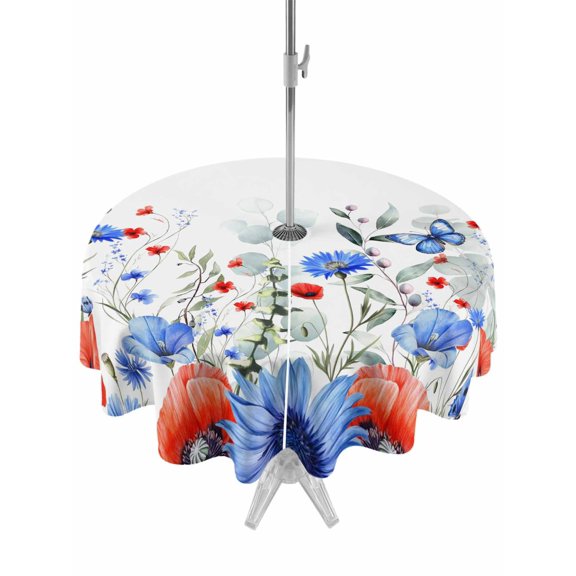 Outdoor Tablecloths with Umbrella Hole & Zipper, 4th of July Round Tablecloth 54 Inch, Red Blue Floral Independence Day Poppy Flower Leaf Waterproof Table Cloth, Patio/Pool/Picnic Table Covers
