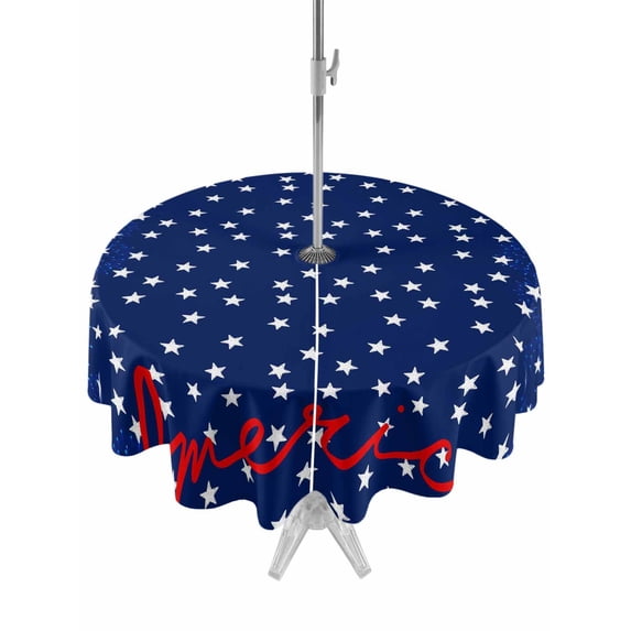 Outdoor Tablecloths with Umbrella Hole & Zipper, 4th of July Round Tablecloths 60 Inch, Independence Day American Patriotic Stars Blue Waterproof Table Cloth, Patio/Pool/Picnic Table Covers