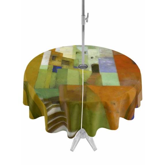 Outdoor Tablecloths with Umbrella Hole & Zipper, Abstract Yellow Round Tablecloth 54 Inch, Painting Buildings Geometric Modern Art Waterproof Table Cloth, Patio/Pool/Picnic Table Covers