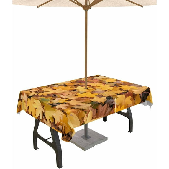 Outdoor Tablecloths with Umbrella Hole & Zipper, Autumn Maple Leaves Rectangle Tablecloth 60x120 Inch, Fall Orange Deciduous Country Waterproof Table Cloth, Patio/Pool/Picnic Table Covers