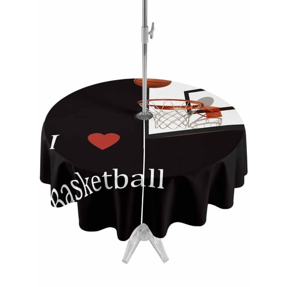 Outdoor Tablecloths with Umbrella Hole & Zipper, Basketball Round Tablecloth 54 Inch, Modern Funny Minimalist Sports Waterproof Table Cloth, Patio/Pool/Picnic Table Covers