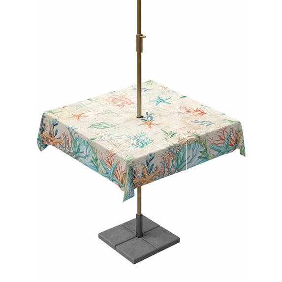 Outdoor Tablecloths with Umbrella Hole & Zipper, Beach Coastal 54x54 Inch Square Tablecloths, Summer Coral Starfish Nautical Ocean Vintage Waterproof Table Cloth, Patio/Pool/Picnic Table Covers