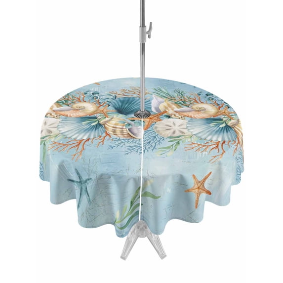 Outdoor Tablecloths with Umbrella Hole & Zipper, Beach Coastal Blue Round Tablecloths 60 Inch, Nautical Shell Starfish Coral Summer Waterproof Table Cloth, Patio/Pool/Picnic Table Covers