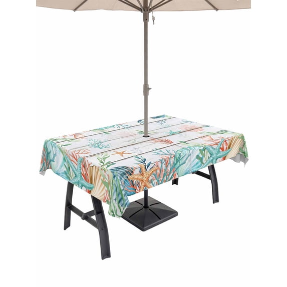 Outdoor Tablecloths with Umbrella Hole & Zipper, Beach Coastal Rectangle Tablecloth 60x120 Inch, Summer Coral Starfish Nautical Ocean Retro Waterproof Table Cloth, Patio/Pool/Picnic Table Covers