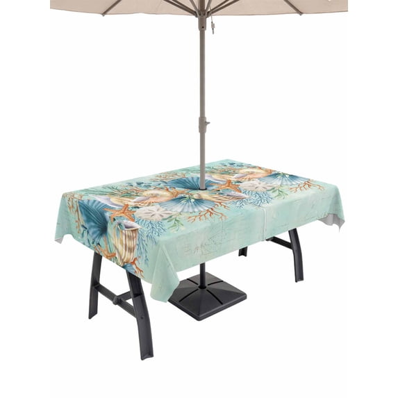 Outdoor Tablecloths with Umbrella Hole & Zipper, Beach Coastal Teal 54x80 Inch Tablecloth Rectangle, Nautical Shell Starfish Coral Summer Waterproof Table Cloth, Patio/Pool/Picnic Table Covers