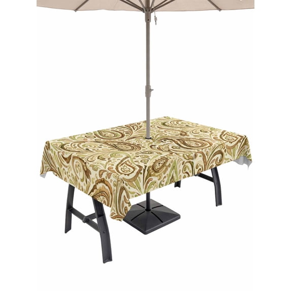 Outdoor Tablecloths with Umbrella Hole & Zipper, Beige Brown Green Tablecloth Rectangle 60x84 Inch, Retro Botanical Abstract Art Waterproof Table Cloth, Patio/Pool/Picnic Table Covers
